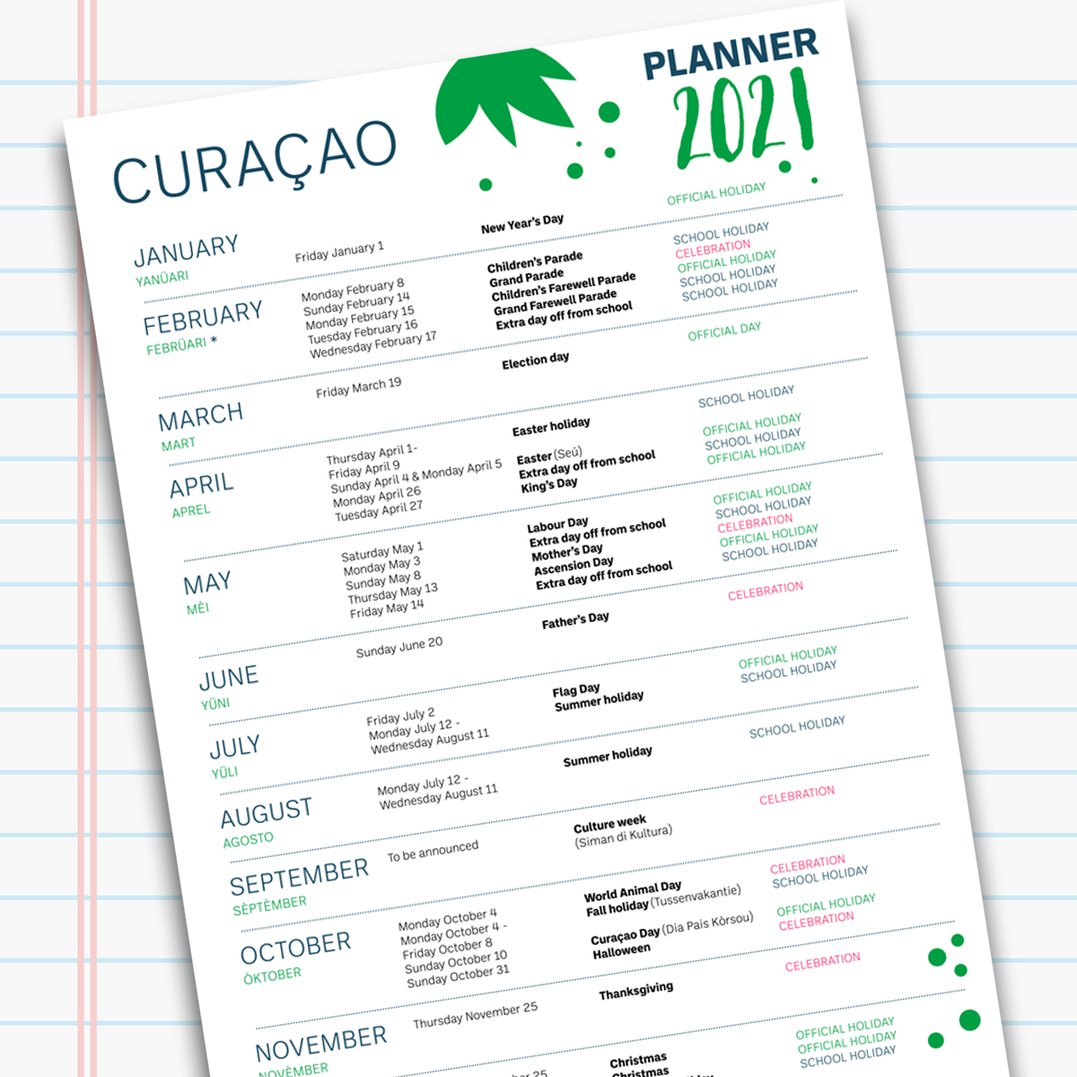 Calendar Curacao 2021